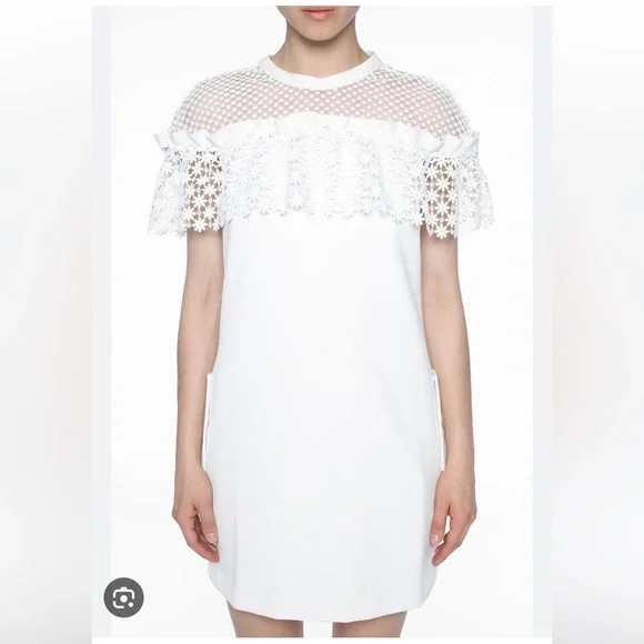 Self-Portrait Mixed Floral Frill Mini Dress, White, Women's, 4